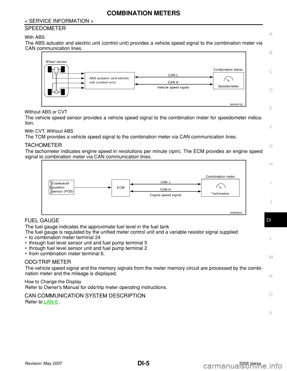 NISSAN TIIDA 2008 Service Workshop Manual COMBINATION METERS
DI-5
< SERVICE INFORMATION >
C
D
E
F
G
H
I
J
L
MA
B
DI
N
O
P
SPEEDOMETER
With ABS
The ABS actuator and electric unit (control unit) provides a vehicle speed signal to the combinatio NISSAN TIIDA 2008 Service Workshop Manual COMBINATION METERS
DI-5
< SERVICE INFORMATION >
C
D
E
F
G
H
I
J
L
MA
B
DI
N
O
P
SPEEDOMETER
With ABS
The ABS actuator and electric unit (control unit) provides a vehicle speed signal to the combinatio