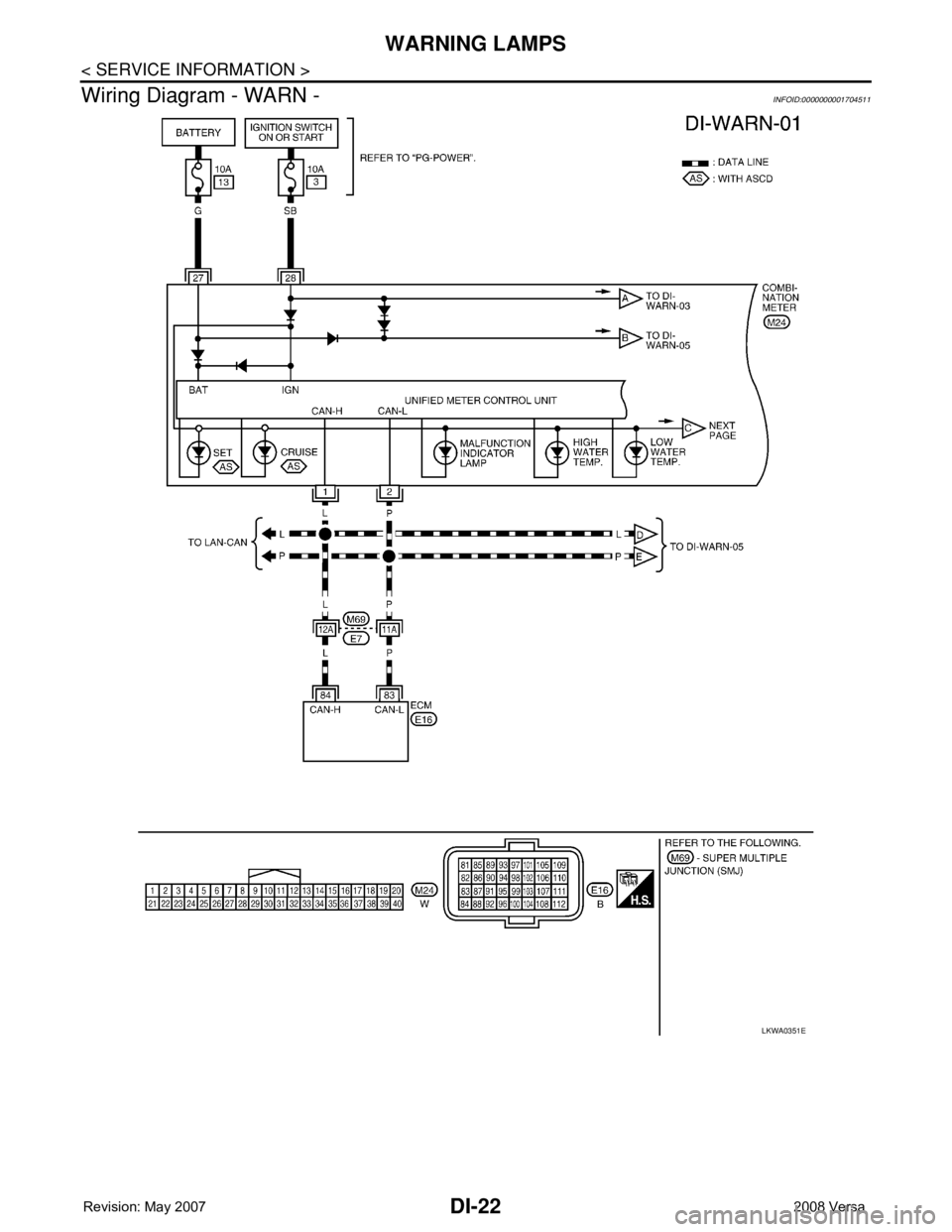 NISSAN TIIDA 2008  Service Repair Manual DI-22
< SERVICE INFORMATION >
WARNING LAMPS
Wiring Diagram - WARN -
INFOID:0000000001704511
LKWA0351E 