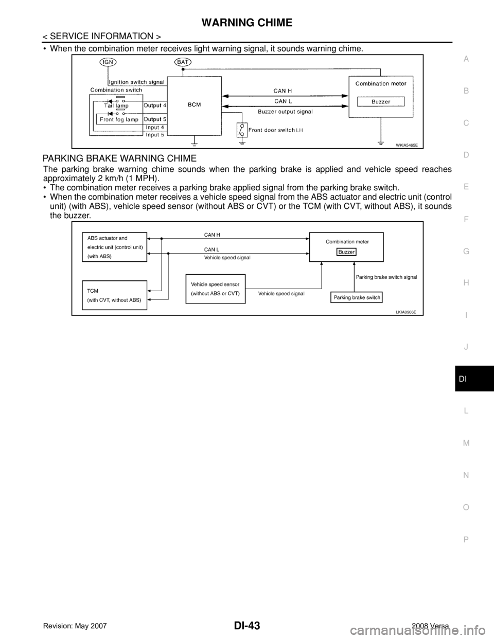 NISSAN TIIDA 2008 Service Repair Manual WARNING CHIME
DI-43
< SERVICE INFORMATION >
C
D
E
F
G
H
I
J
L
MA
B
DI
N
O
P
• When the combination meter receives light warning signal, it sounds warning chime.
PARKING BRAKE WARNING CHIME
The parki NISSAN TIIDA 2008 Service Repair Manual WARNING CHIME
DI-43
< SERVICE INFORMATION >
C
D
E
F
G
H
I
J
L
MA
B
DI
N
O
P
• When the combination meter receives light warning signal, it sounds warning chime.
PARKING BRAKE WARNING CHIME
The parki