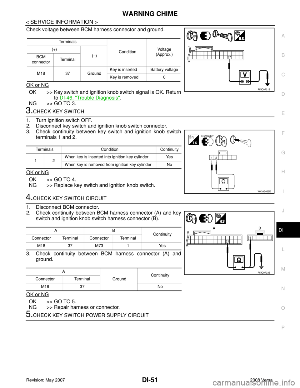 NISSAN TIIDA 2008 Service Repair Manual WARNING CHIME
DI-51
< SERVICE INFORMATION >
C
D
E
F
G
H
I
J
L
MA
B
DI
N
O
P
Check voltage between BCM harness connector and ground.
OK or NG
OK >> Key switch and ignition knob switch signal is OK. Ret NISSAN TIIDA 2008 Service Repair Manual WARNING CHIME
DI-51
< SERVICE INFORMATION >
C
D
E
F
G
H
I
J
L
MA
B
DI
N
O
P
Check voltage between BCM harness connector and ground.
OK or NG
OK >> Key switch and ignition knob switch signal is OK. Ret