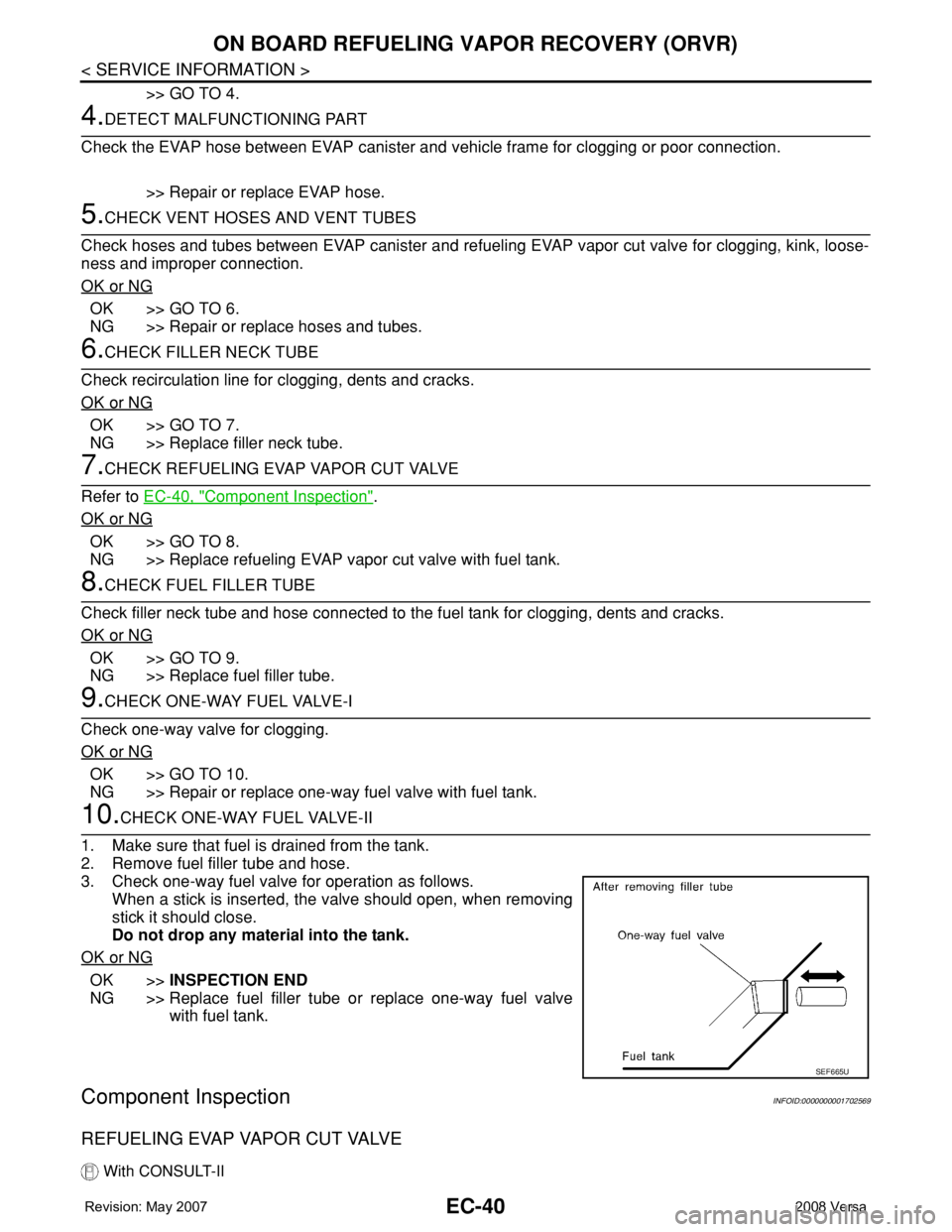 NISSAN TIIDA 2008 Service Repair Manual EC-40
< SERVICE INFORMATION >
ON BOARD REFUELING VAPOR RECOVERY (ORVR)
>> GO TO 4.
4.DETECT MALFUNCTIONING PART
Check the EVAP hose between EVAP canister and vehicle frame for clogging or poor connect NISSAN TIIDA 2008 Service Repair Manual EC-40
< SERVICE INFORMATION >
ON BOARD REFUELING VAPOR RECOVERY (ORVR)
>> GO TO 4.
4.DETECT MALFUNCTIONING PART
Check the EVAP hose between EVAP canister and vehicle frame for clogging or poor connect
