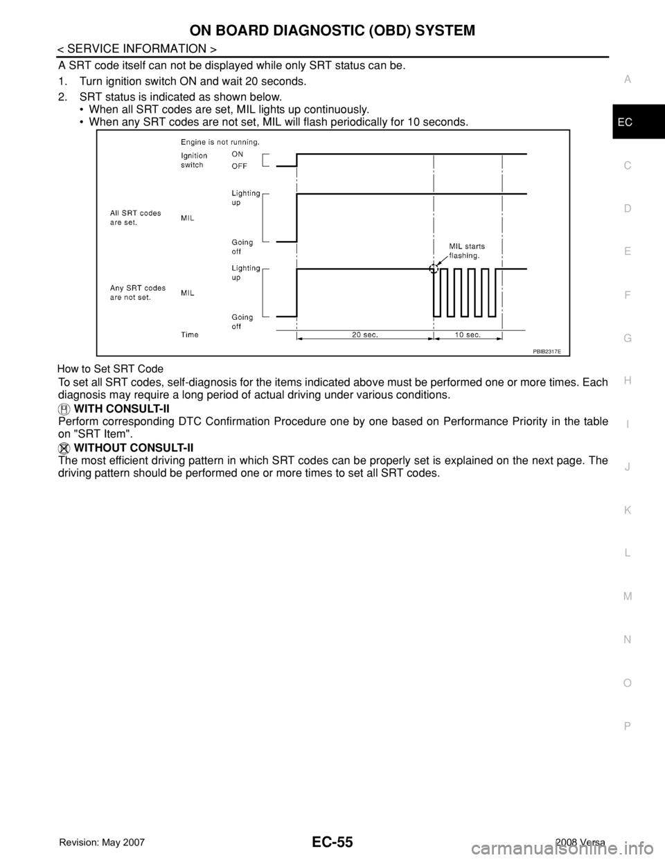 NISSAN TIIDA 2008 Service Repair Manual ON BOARD DIAGNOSTIC (OBD) SYSTEM
EC-55
< SERVICE INFORMATION >
C
D
E
F
G
H
I
J
K
L
MA
EC
N
P O
A SRT code itself can not be displayed while only SRT status can be.
1. Turn ignition switch ON and wait NISSAN TIIDA 2008 Service Repair Manual ON BOARD DIAGNOSTIC (OBD) SYSTEM
EC-55
< SERVICE INFORMATION >
C
D
E
F
G
H
I
J
K
L
MA
EC
N
P O
A SRT code itself can not be displayed while only SRT status can be.
1. Turn ignition switch ON and wait