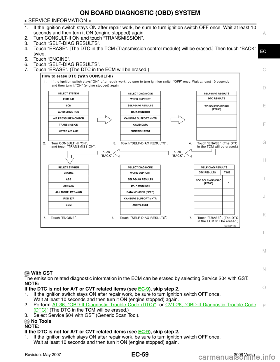 NISSAN TIIDA 2008 Service Manual Online ON BOARD DIAGNOSTIC (OBD) SYSTEM
EC-59
< SERVICE INFORMATION >
C
D
E
F
G
H
I
J
K
L
MA
EC
N
P O
1. If the ignition switch stays ON after repair work, be sure to turn ignition switch OFF once. Wait at l NISSAN TIIDA 2008 Service Manual Online ON BOARD DIAGNOSTIC (OBD) SYSTEM
EC-59
< SERVICE INFORMATION >
C
D
E
F
G
H
I
J
K
L
MA
EC
N
P O
1. If the ignition switch stays ON after repair work, be sure to turn ignition switch OFF once. Wait at l