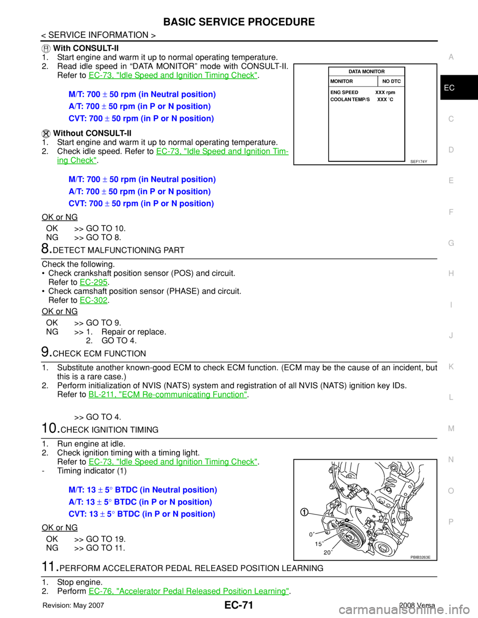 NISSAN TIIDA 2008 Service Repair Manual BASIC SERVICE PROCEDURE
EC-71
< SERVICE INFORMATION >
C
D
E
F
G
H
I
J
K
L
MA
EC
N
P O
With CONSULT-II
1. Start engine and warm it up to normal operating temperature.
2. Read idle speed in “DATA MON NISSAN TIIDA 2008 Service Repair Manual BASIC SERVICE PROCEDURE
EC-71
< SERVICE INFORMATION >
C
D
E
F
G
H
I
J
K
L
MA
EC
N
P O
With CONSULT-II
1. Start engine and warm it up to normal operating temperature.
2. Read idle speed in “DATA MON
