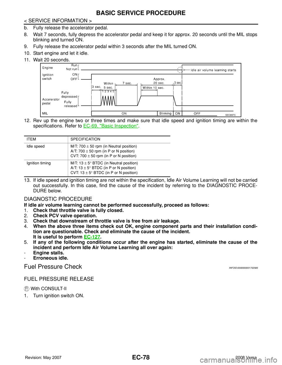 NISSAN TIIDA 2008 Service Repair Manual EC-78
< SERVICE INFORMATION >
BASIC SERVICE PROCEDURE
b. Fully release the accelerator pedal.
8. Wait 7 seconds, fully depress the accelerator pedal and keep it for approx. 20 seconds until the MIL st NISSAN TIIDA 2008 Service Repair Manual EC-78
< SERVICE INFORMATION >
BASIC SERVICE PROCEDURE
b. Fully release the accelerator pedal.
8. Wait 7 seconds, fully depress the accelerator pedal and keep it for approx. 20 seconds until the MIL st