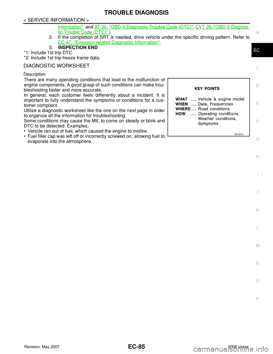 NISSAN TIIDA 2008 Service Repair Manual TROUBLE DIAGNOSIS
EC-85
< SERVICE INFORMATION >
C
D
E
F
G
H
I
J
K
L
MA
EC
N
P O
Information" and AT-36, "OBD-II Diagnostic Trouble Code (DTC)", CVT-26, "OBD-II Diagnos-
tic Trouble Co NISSAN TIIDA 2008 Service Repair Manual TROUBLE DIAGNOSIS
EC-85
< SERVICE INFORMATION >
C
D
E
F
G
H
I
J
K
L
MA
EC
N
P O
Information" and AT-36, "OBD-II Diagnostic Trouble Code (DTC)", CVT-26, "OBD-II Diagnos-
tic Trouble Co