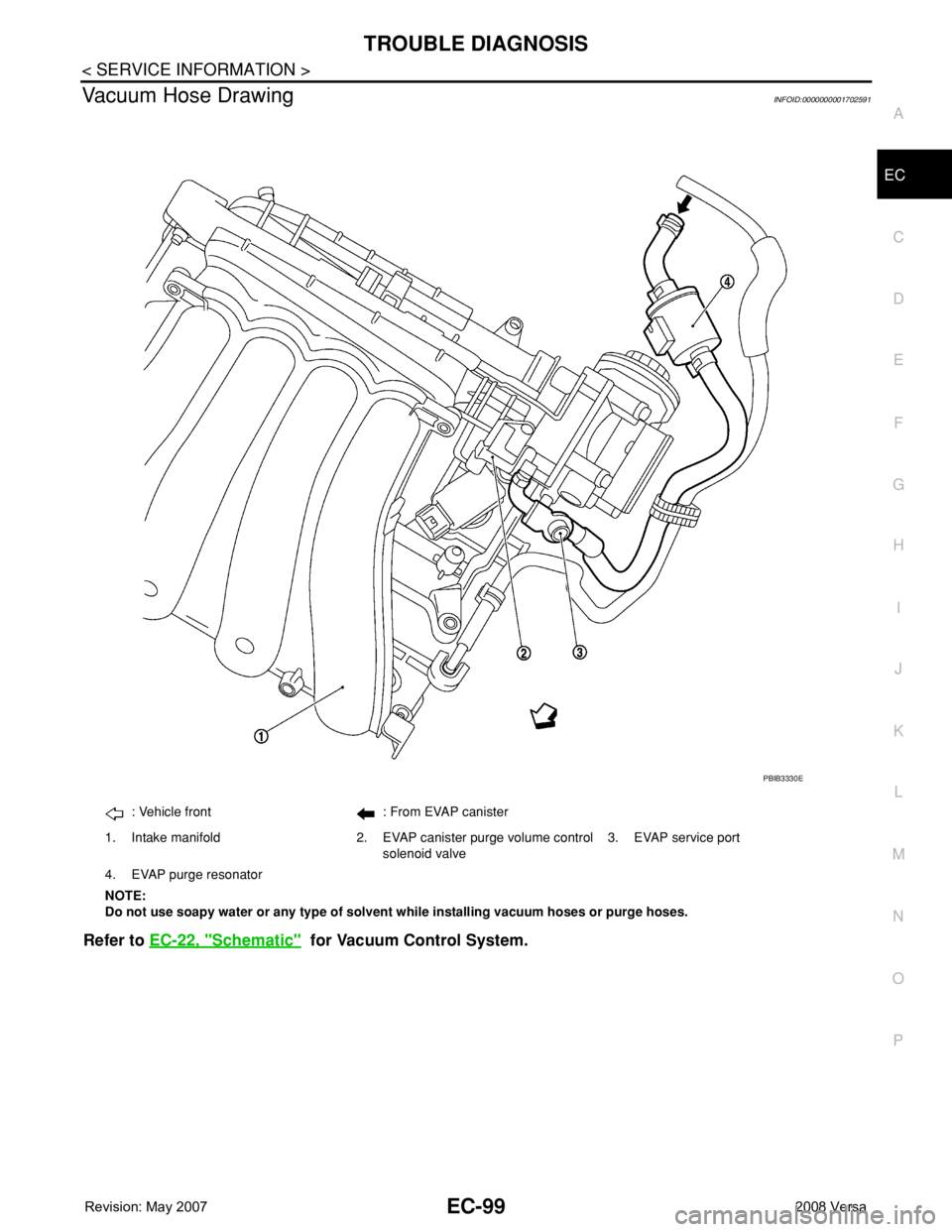 NISSAN TIIDA 2008 Service Repair Manual TROUBLE DIAGNOSIS
EC-99
< SERVICE INFORMATION >
C
D
E
F
G
H
I
J
K
L
MA
EC
N
P O
Vacuum Hose DrawingINFOID:0000000001702591
Refer to EC-22, "Schematic" for Vacuum Control System.
: Vehicle fro NISSAN TIIDA 2008 Service Repair Manual TROUBLE DIAGNOSIS
EC-99
< SERVICE INFORMATION >
C
D
E
F
G
H
I
J
K
L
MA
EC
N
P O
Vacuum Hose DrawingINFOID:0000000001702591
Refer to EC-22, "Schematic" for Vacuum Control System.
: Vehicle fro