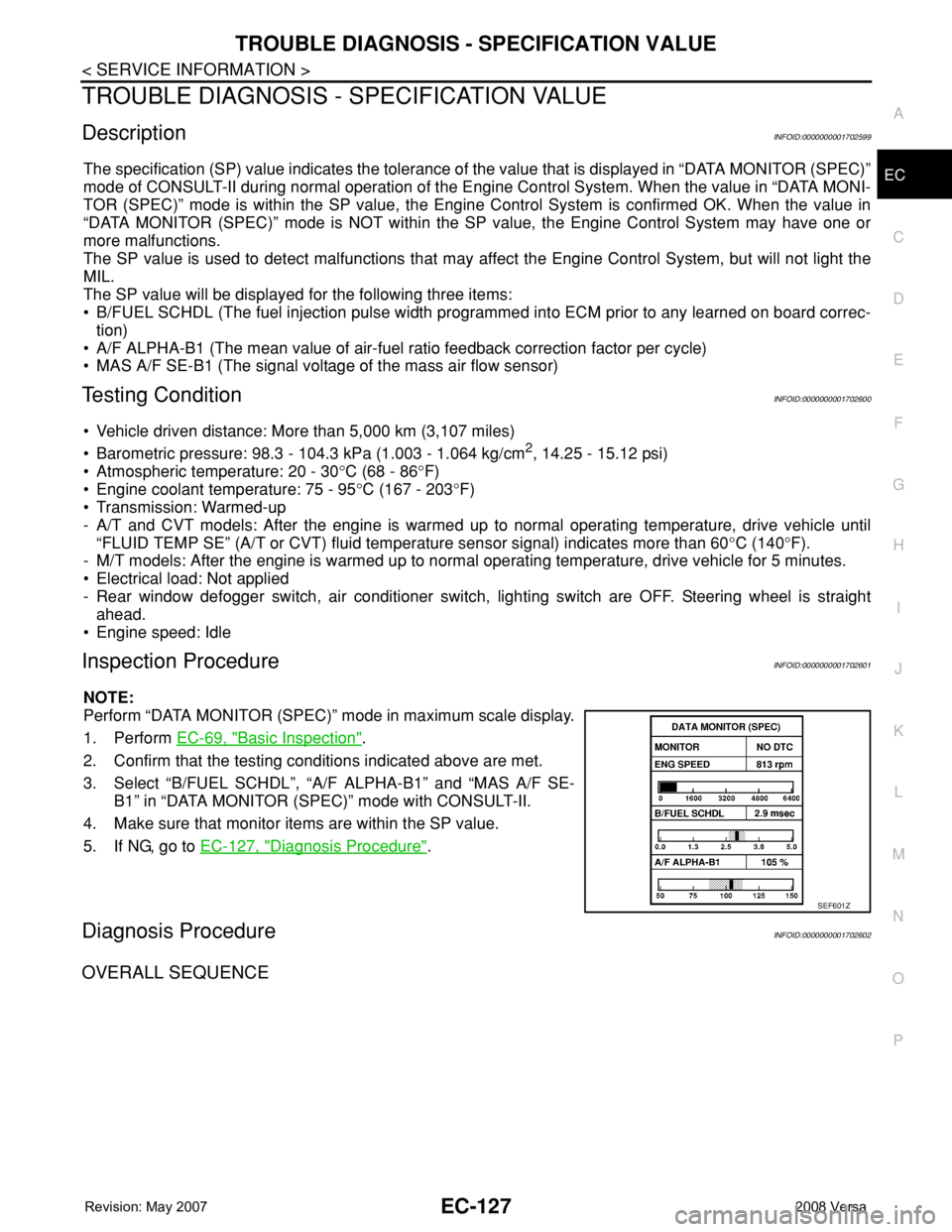 NISSAN TIIDA 2008  Service User Guide TROUBLE DIAGNOSIS - SPECIFICATION VALUE
EC-127
< SERVICE INFORMATION >
C
D
E
F
G
H
I
J
K
L
MA
EC
N
P O
TROUBLE DIAGNOSIS - SPECIFICATION VALUE
DescriptionINFOID:0000000001702599
The specification (SP)
