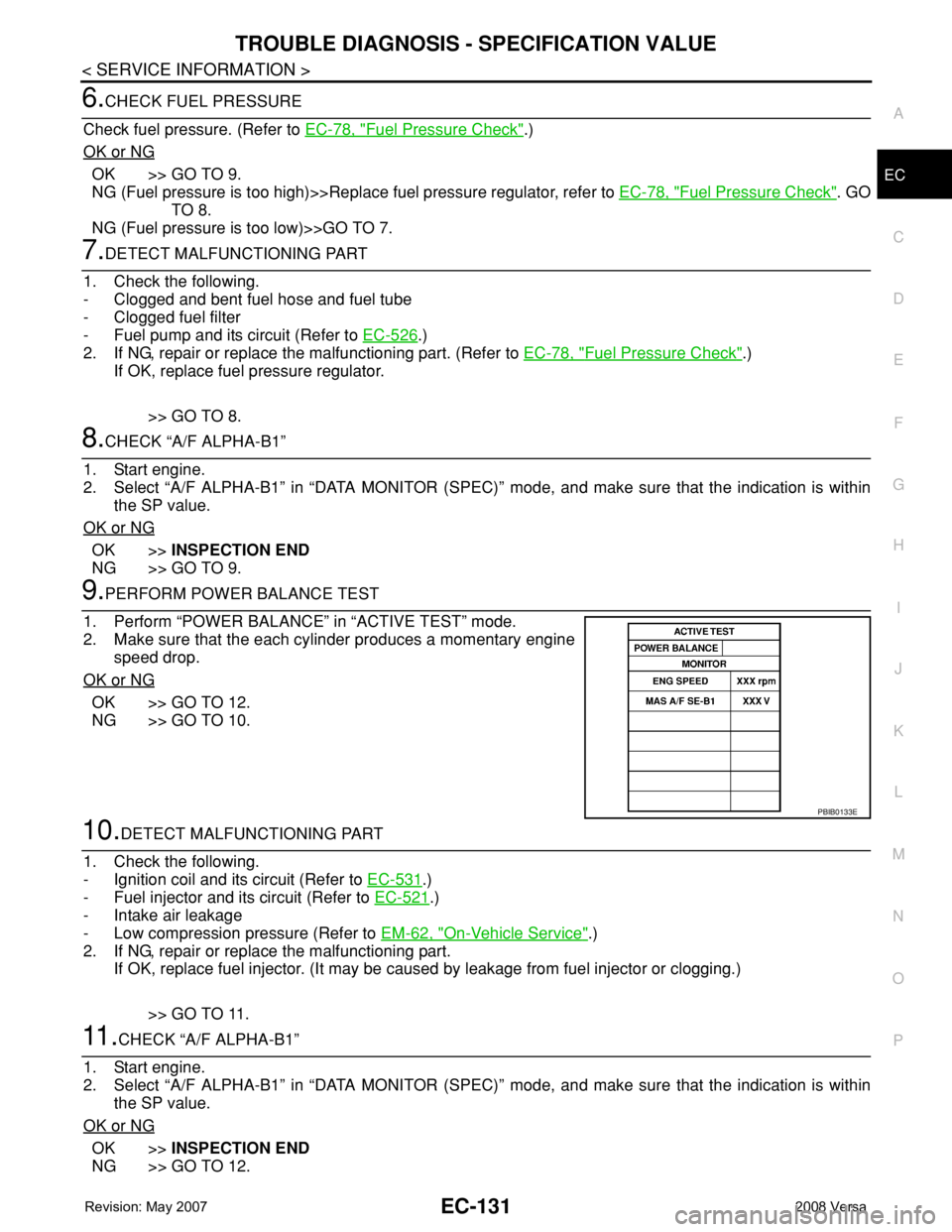 NISSAN TIIDA 2008  Service Repair Manual TROUBLE DIAGNOSIS - SPECIFICATION VALUE
EC-131
< SERVICE INFORMATION >
C
D
E
F
G
H
I
J
K
L
MA
EC
N
P O
6.CHECK FUEL PRESSURE
Check fuel pressure. (Refer to EC-78, "
Fuel Pressure Check".)
OK o