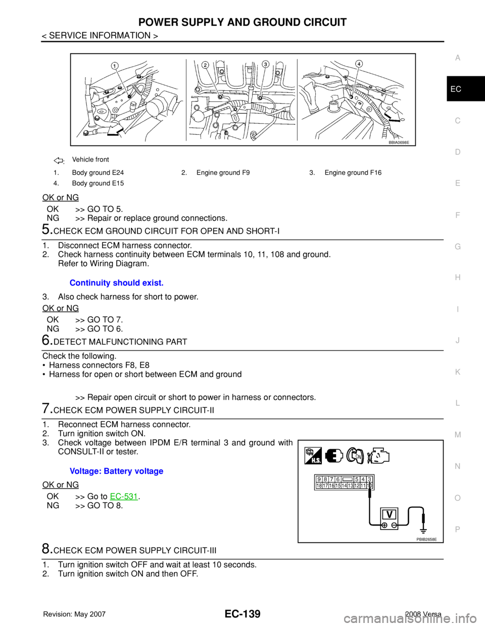 NISSAN TIIDA 2008 Service Repair Manual POWER SUPPLY AND GROUND CIRCUIT
EC-139
< SERVICE INFORMATION >
C
D
E
F
G
H
I
J
K
L
MA
EC
N
P O
OK or NG
OK >> GO TO 5.
NG >> Repair or replace ground connections.
5.CHECK ECM GROUND CIRCUIT FOR OPEN A NISSAN TIIDA 2008 Service Repair Manual POWER SUPPLY AND GROUND CIRCUIT
EC-139
< SERVICE INFORMATION >
C
D
E
F
G
H
I
J
K
L
MA
EC
N
P O
OK or NG
OK >> GO TO 5.
NG >> Repair or replace ground connections.
5.CHECK ECM GROUND CIRCUIT FOR OPEN A