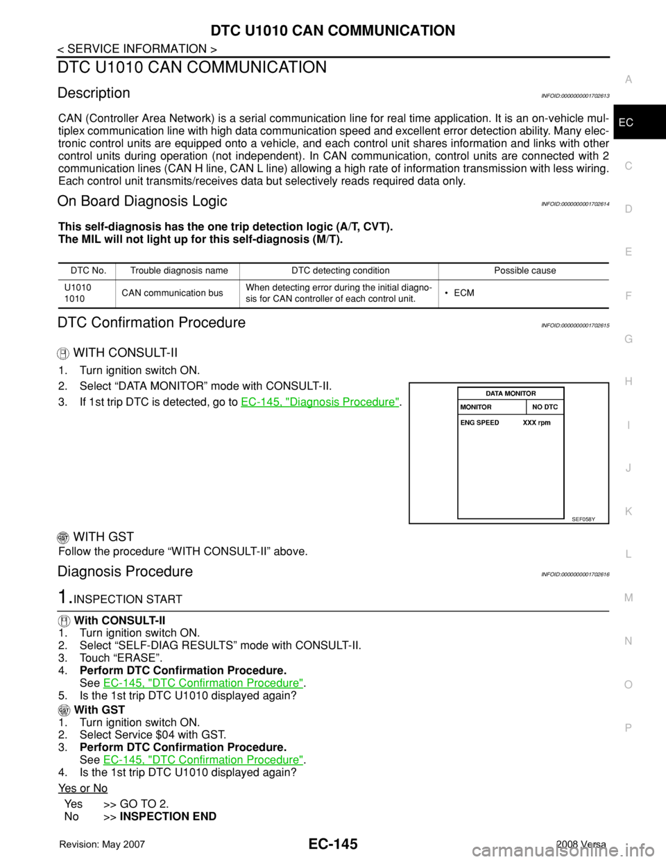 NISSAN TIIDA 2008 Service Repair Manual DTC U1010 CAN COMMUNICATION
EC-145
< SERVICE INFORMATION >
C
D
E
F
G
H
I
J
K
L
MA
EC
N
P O
DTC U1010 CAN COMMUNICATION
DescriptionINFOID:0000000001702613
CAN (Controller Area Network) is a serial comm NISSAN TIIDA 2008 Service Repair Manual DTC U1010 CAN COMMUNICATION
EC-145
< SERVICE INFORMATION >
C
D
E
F
G
H
I
J
K
L
MA
EC
N
P O
DTC U1010 CAN COMMUNICATION
DescriptionINFOID:0000000001702613
CAN (Controller Area Network) is a serial comm