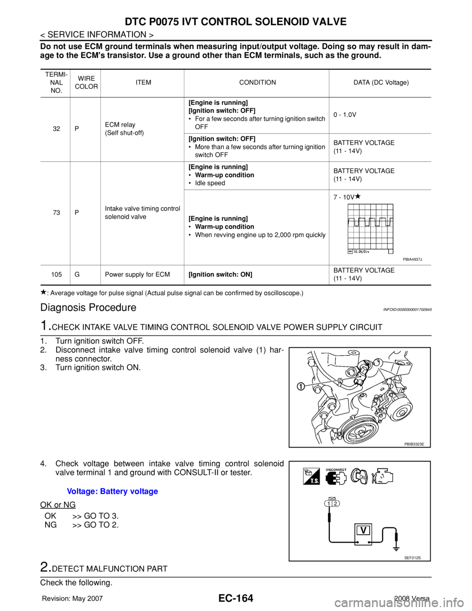 NISSAN TIIDA 2008  Service Repair Manual EC-164
< SERVICE INFORMATION >
DTC P0075 IVT CONTROL SOLENOID VALVE
Do not use ECM ground terminals when measuring input/output voltage. Doing so may result in dam-
age to the ECM's transistor. Us
