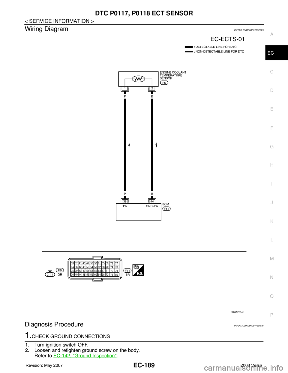 NISSAN TIIDA 2008 Service Repair Manual DTC P0117, P0118 ECT SENSOR
EC-189
< SERVICE INFORMATION >
C
D
E
F
G
H
I
J
K
L
MA
EC
N
P O
Wiring DiagramINFOID:0000000001702675
Diagnosis ProcedureINFOID:0000000001702676
1.CHECK GROUND CONNECTIONS
1 NISSAN TIIDA 2008 Service Repair Manual DTC P0117, P0118 ECT SENSOR
EC-189
< SERVICE INFORMATION >
C
D
E
F
G
H
I
J
K
L
MA
EC
N
P O
Wiring DiagramINFOID:0000000001702675
Diagnosis ProcedureINFOID:0000000001702676
1.CHECK GROUND CONNECTIONS
1