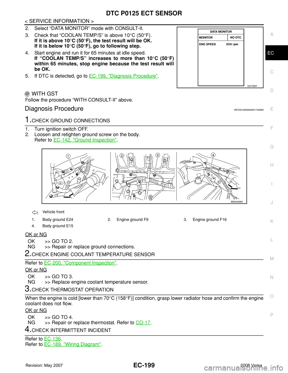NISSAN TIIDA 2008 Service Repair Manual DTC P0125 ECT SENSOR
EC-199
< SERVICE INFORMATION >
C
D
E
F
G
H
I
J
K
L
MA
EC
N
P O
2. Select “DATA MONITOR” mode with CONSULT-II.
3. Check that “COOLAN TEMP/S” is above 10°C (50°F).
If it i NISSAN TIIDA 2008 Service Repair Manual DTC P0125 ECT SENSOR
EC-199
< SERVICE INFORMATION >
C
D
E
F
G
H
I
J
K
L
MA
EC
N
P O
2. Select “DATA MONITOR” mode with CONSULT-II.
3. Check that “COOLAN TEMP/S” is above 10°C (50°F).
If it i