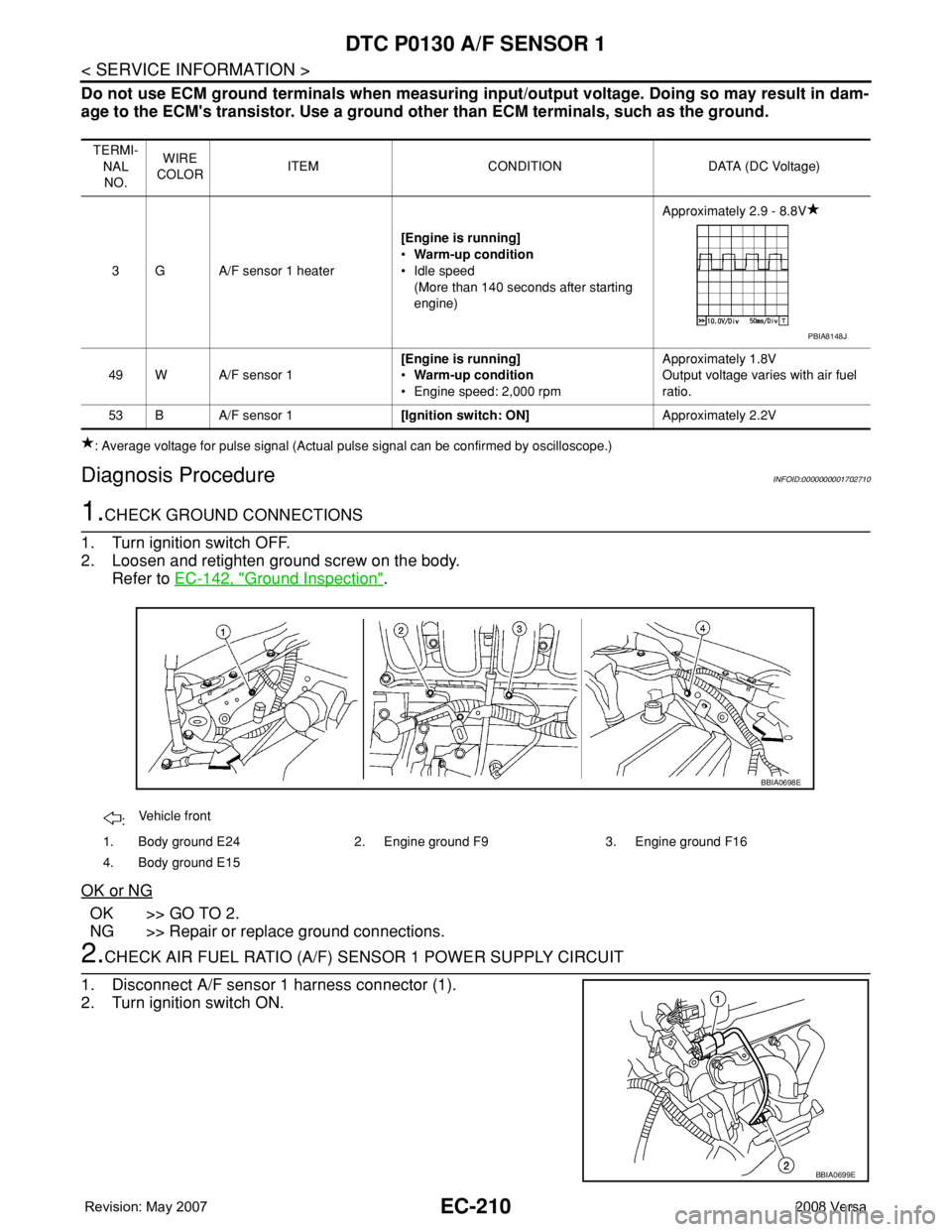 NISSAN TIIDA 2008 Service Repair Manual EC-210
< SERVICE INFORMATION >
DTC P0130 A/F SENSOR 1
Do not use ECM ground terminals when measuring input/output voltage. Doing so may result in dam-
age to the ECM's transistor. Use a ground oth NISSAN TIIDA 2008 Service Repair Manual EC-210
< SERVICE INFORMATION >
DTC P0130 A/F SENSOR 1
Do not use ECM ground terminals when measuring input/output voltage. Doing so may result in dam-
age to the ECM's transistor. Use a ground oth