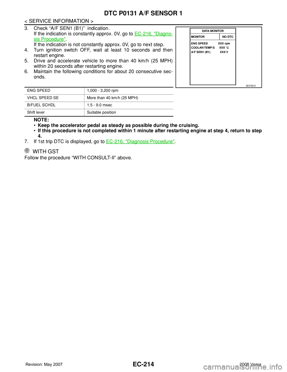 NISSAN TIIDA 2008 Service Repair Manual EC-214
< SERVICE INFORMATION >
DTC P0131 A/F SENSOR 1
3. Check “A/F SEN1 (B1)” indication.
If the indication is constantly approx. 0V, go to EC-216, "
Diagno-
sis Procedure".
If the indic NISSAN TIIDA 2008 Service Repair Manual EC-214
< SERVICE INFORMATION >
DTC P0131 A/F SENSOR 1
3. Check “A/F SEN1 (B1)” indication.
If the indication is constantly approx. 0V, go to EC-216, "
Diagno-
sis Procedure".
If the indic