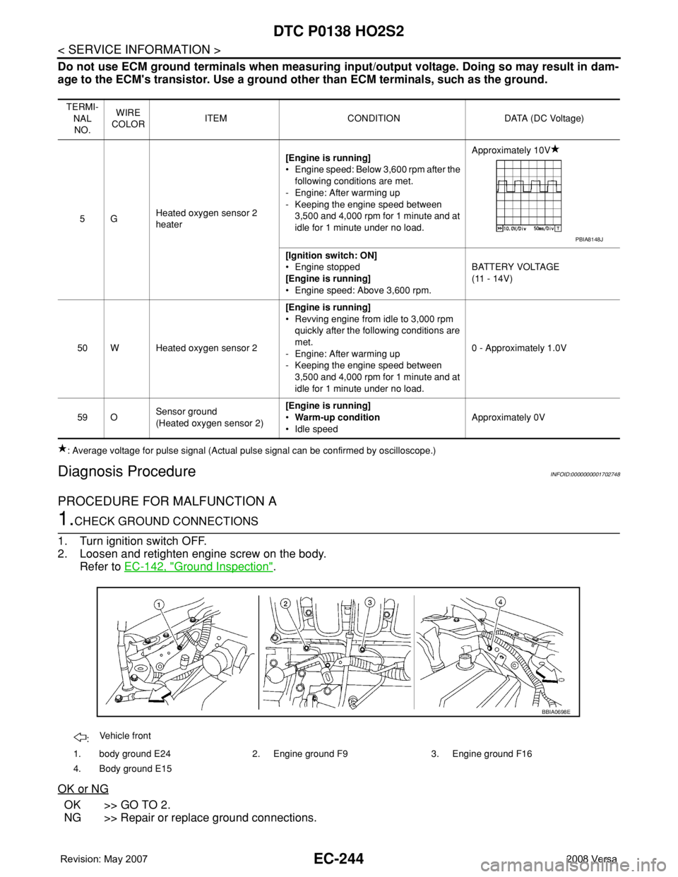 NISSAN TIIDA 2008 Service Repair Manual EC-244
< SERVICE INFORMATION >
DTC P0138 HO2S2
Do not use ECM ground terminals when measuring input/output voltage. Doing so may result in dam-
age to the ECM's transistor. Use a ground other than NISSAN TIIDA 2008 Service Repair Manual EC-244
< SERVICE INFORMATION >
DTC P0138 HO2S2
Do not use ECM ground terminals when measuring input/output voltage. Doing so may result in dam-
age to the ECM's transistor. Use a ground other than