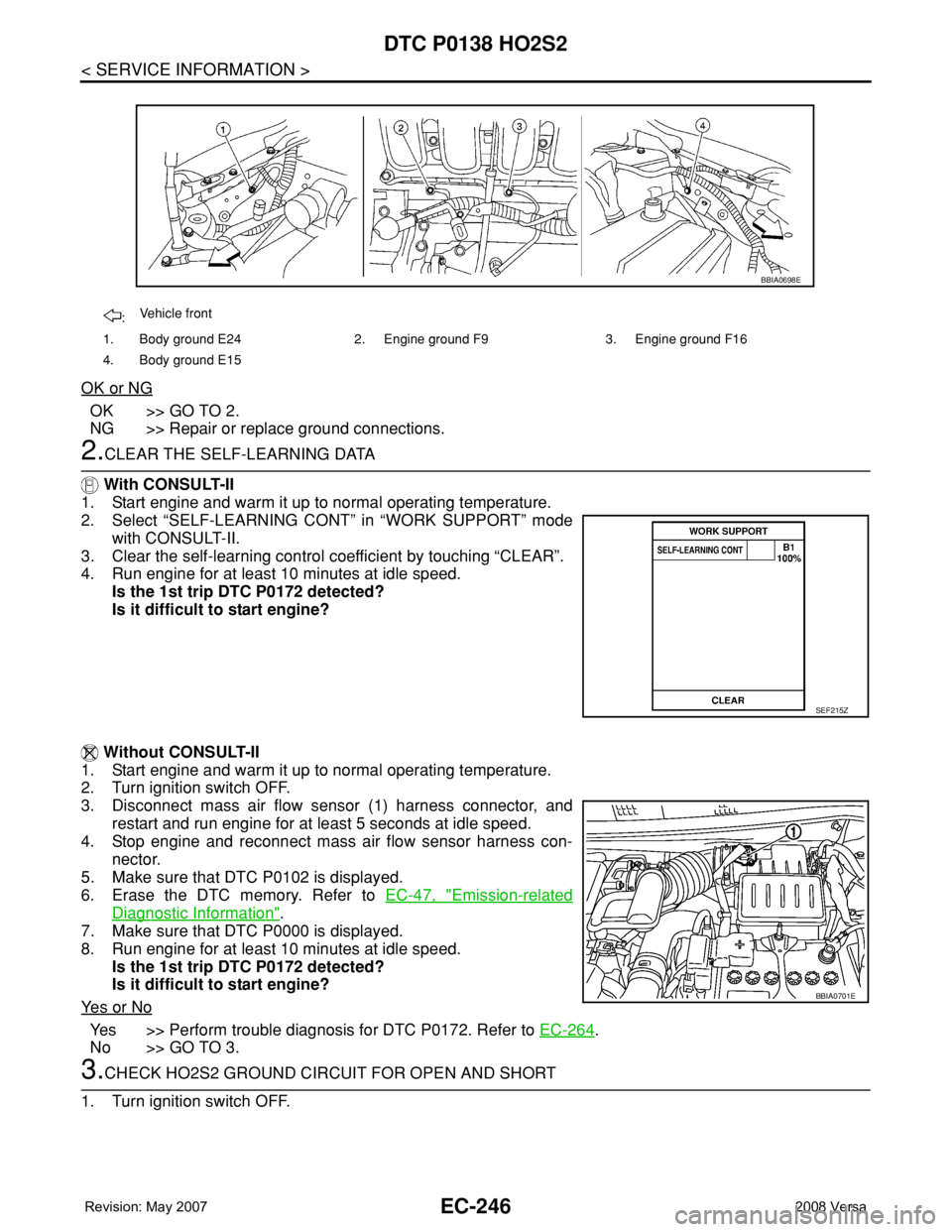 NISSAN TIIDA 2008 Service Repair Manual EC-246
< SERVICE INFORMATION >
DTC P0138 HO2S2
OK or NG
OK >> GO TO 2.
NG >> Repair or replace ground connections.
2.CLEAR THE SELF-LEARNING DATA
With CONSULT-II
1. Start engine and warm it up to nor NISSAN TIIDA 2008 Service Repair Manual EC-246
< SERVICE INFORMATION >
DTC P0138 HO2S2
OK or NG
OK >> GO TO 2.
NG >> Repair or replace ground connections.
2.CLEAR THE SELF-LEARNING DATA
With CONSULT-II
1. Start engine and warm it up to nor