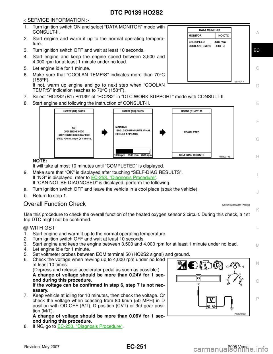 NISSAN TIIDA 2008 Service Repair Manual DTC P0139 HO2S2
EC-251
< SERVICE INFORMATION >
C
D
E
F
G
H
I
J
K
L
MA
EC
N
P O
1. Turn ignition switch ON and select “DATA MONITOR” mode with
CONSULT-II.
2. Start engine and warm it up to the norm NISSAN TIIDA 2008 Service Repair Manual DTC P0139 HO2S2
EC-251
< SERVICE INFORMATION >
C
D
E
F
G
H
I
J
K
L
MA
EC
N
P O
1. Turn ignition switch ON and select “DATA MONITOR” mode with
CONSULT-II.
2. Start engine and warm it up to the norm