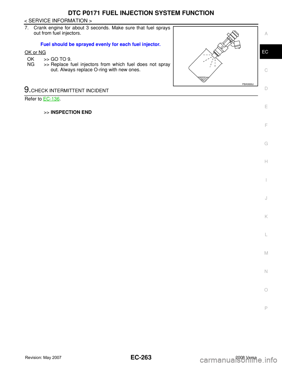 NISSAN TIIDA 2008 Service Repair Manual DTC P0171 FUEL INJECTION SYSTEM FUNCTION
EC-263
< SERVICE INFORMATION >
C
D
E
F
G
H
I
J
K
L
MA
EC
N
P O
7. Crank engine for about 3 seconds. Make sure that fuel sprays
out from fuel injectors.
OK or N NISSAN TIIDA 2008 Service Repair Manual DTC P0171 FUEL INJECTION SYSTEM FUNCTION
EC-263
< SERVICE INFORMATION >
C
D
E
F
G
H
I
J
K
L
MA
EC
N
P O
7. Crank engine for about 3 seconds. Make sure that fuel sprays
out from fuel injectors.
OK or N