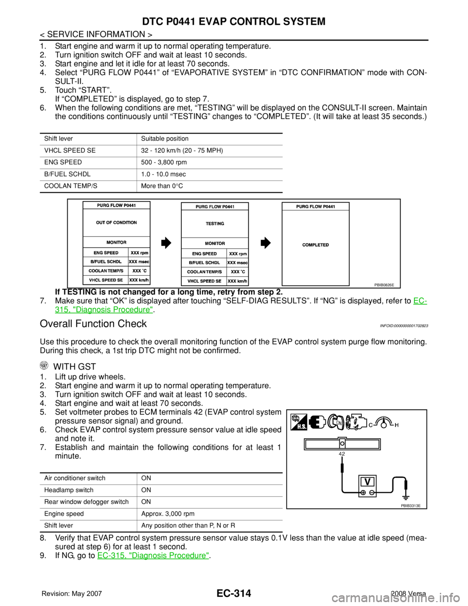 NISSAN TIIDA 2008 Service Repair Manual EC-314
< SERVICE INFORMATION >
DTC P0441 EVAP CONTROL SYSTEM
1. Start engine and warm it up to normal operating temperature.
2. Turn ignition switch OFF and wait at least 10 seconds.
3. Start engine a NISSAN TIIDA 2008 Service Repair Manual EC-314
< SERVICE INFORMATION >
DTC P0441 EVAP CONTROL SYSTEM
1. Start engine and warm it up to normal operating temperature.
2. Turn ignition switch OFF and wait at least 10 seconds.
3. Start engine a