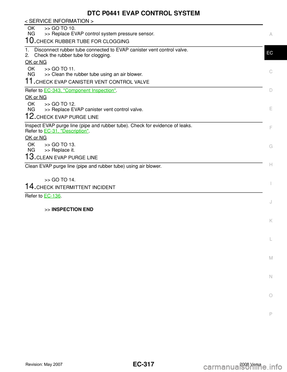 NISSAN TIIDA 2008  Service Repair Manual DTC P0441 EVAP CONTROL SYSTEM
EC-317
< SERVICE INFORMATION >
C
D
E
F
G
H
I
J
K
L
MA
EC
N
P O
OK >> GO TO 10.
NG >> Replace EVAP control system pressure sensor.
10.CHECK RUBBER TUBE FOR CLOGGING
1. Dis