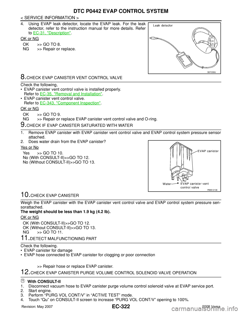 NISSAN TIIDA 2008 Service Repair Manual EC-322
< SERVICE INFORMATION >
DTC P0442 EVAP CONTROL SYSTEM
4. Using EVAP leak detector, locate the EVAP leak. For the leak
detector, refer to the instruction manual for more details. Refer
to EC-31, NISSAN TIIDA 2008 Service Repair Manual EC-322
< SERVICE INFORMATION >
DTC P0442 EVAP CONTROL SYSTEM
4. Using EVAP leak detector, locate the EVAP leak. For the leak
detector, refer to the instruction manual for more details. Refer
to EC-31,