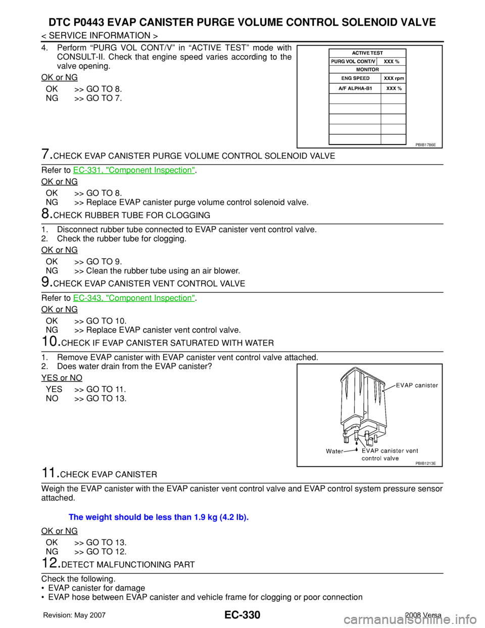 NISSAN TIIDA 2008  Service Repair Manual EC-330
< SERVICE INFORMATION >
DTC P0443 EVAP CANISTER PURGE VOLUME CONTROL SOLENOID VALVE
4. Perform “PURG VOL CONT/V” in “ACTIVE TEST” mode with
CONSULT-II. Check that engine speed varies ac