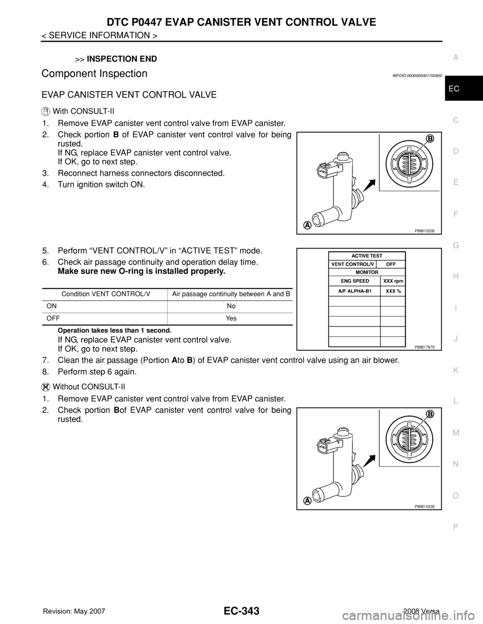 NISSAN TIIDA 2008  Service Repair Manual DTC P0447 EVAP CANISTER VENT CONTROL VALVE
EC-343
< SERVICE INFORMATION >
C
D
E
F
G
H
I
J
K
L
MA
EC
N
P O
>>INSPECTION END
Component InspectionINFOID:0000000001702850
EVAP CANISTER VENT CONTROL VALVE
