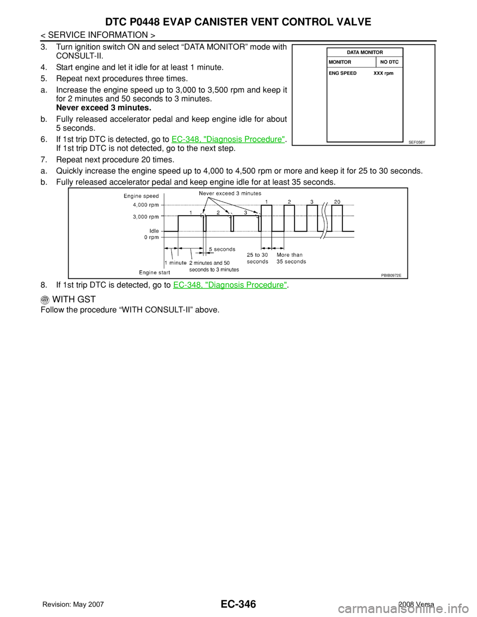 NISSAN TIIDA 2008 Service Repair Manual EC-346
< SERVICE INFORMATION >
DTC P0448 EVAP CANISTER VENT CONTROL VALVE
3. Turn ignition switch ON and select “DATA MONITOR” mode with
CONSULT-II.
4. Start engine and let it idle for at least 1 NISSAN TIIDA 2008 Service Repair Manual EC-346
< SERVICE INFORMATION >
DTC P0448 EVAP CANISTER VENT CONTROL VALVE
3. Turn ignition switch ON and select “DATA MONITOR” mode with
CONSULT-II.
4. Start engine and let it idle for at least 1