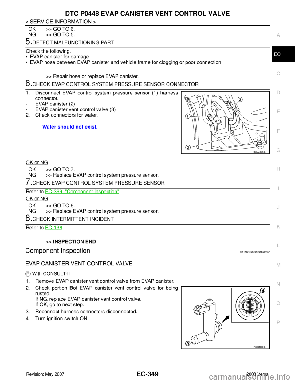 NISSAN TIIDA 2008 Service Repair Manual DTC P0448 EVAP CANISTER VENT CONTROL VALVE
EC-349
< SERVICE INFORMATION >
C
D
E
F
G
H
I
J
K
L
MA
EC
N
P O
OK >> GO TO 6.
NG >> GO TO 5.
5.DETECT MALFUNCTIONING PART
Check the following.
• EVAP canis NISSAN TIIDA 2008 Service Repair Manual DTC P0448 EVAP CANISTER VENT CONTROL VALVE
EC-349
< SERVICE INFORMATION >
C
D
E
F
G
H
I
J
K
L
MA
EC
N
P O
OK >> GO TO 6.
NG >> GO TO 5.
5.DETECT MALFUNCTIONING PART
Check the following.
• EVAP canis