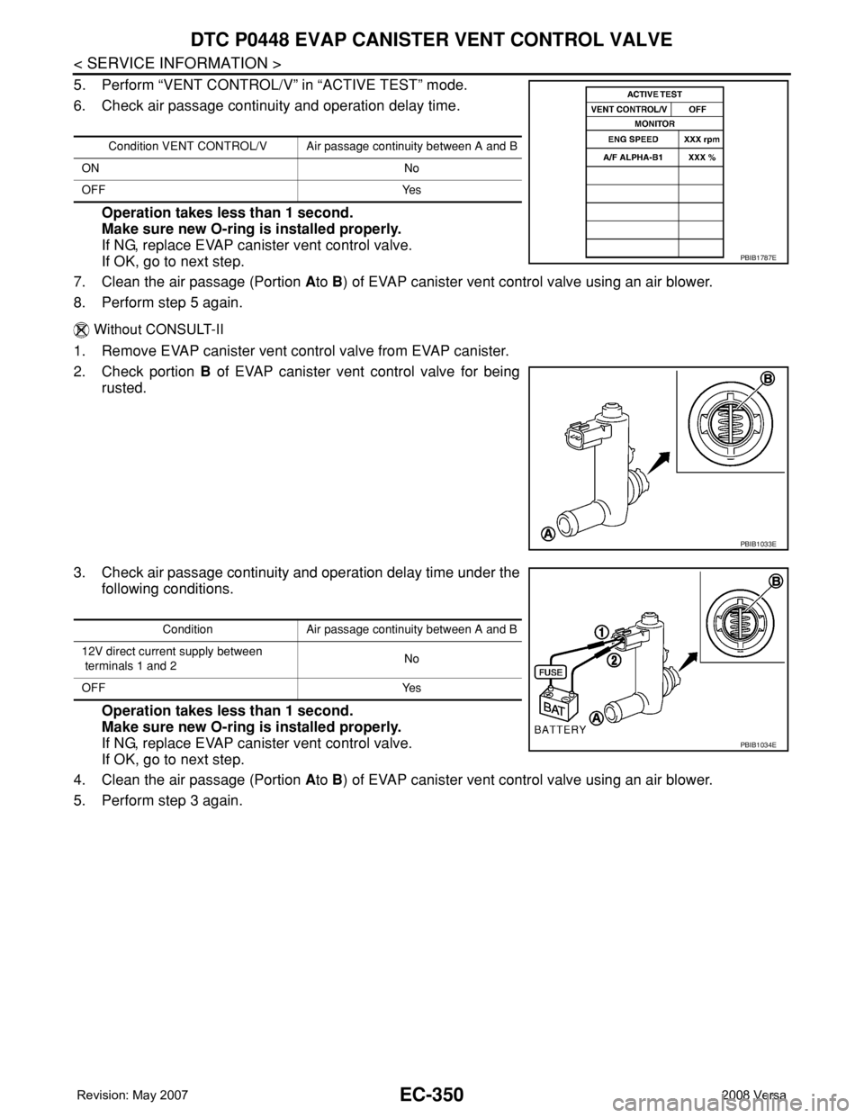 NISSAN TIIDA 2008 Service Repair Manual EC-350
< SERVICE INFORMATION >
DTC P0448 EVAP CANISTER VENT CONTROL VALVE
5. Perform “VENT CONTROL/V” in “ACTIVE TEST” mode.
6. Check air passage continuity and operation delay time.
Operation NISSAN TIIDA 2008 Service Repair Manual EC-350
< SERVICE INFORMATION >
DTC P0448 EVAP CANISTER VENT CONTROL VALVE
5. Perform “VENT CONTROL/V” in “ACTIVE TEST” mode.
6. Check air passage continuity and operation delay time.
Operation