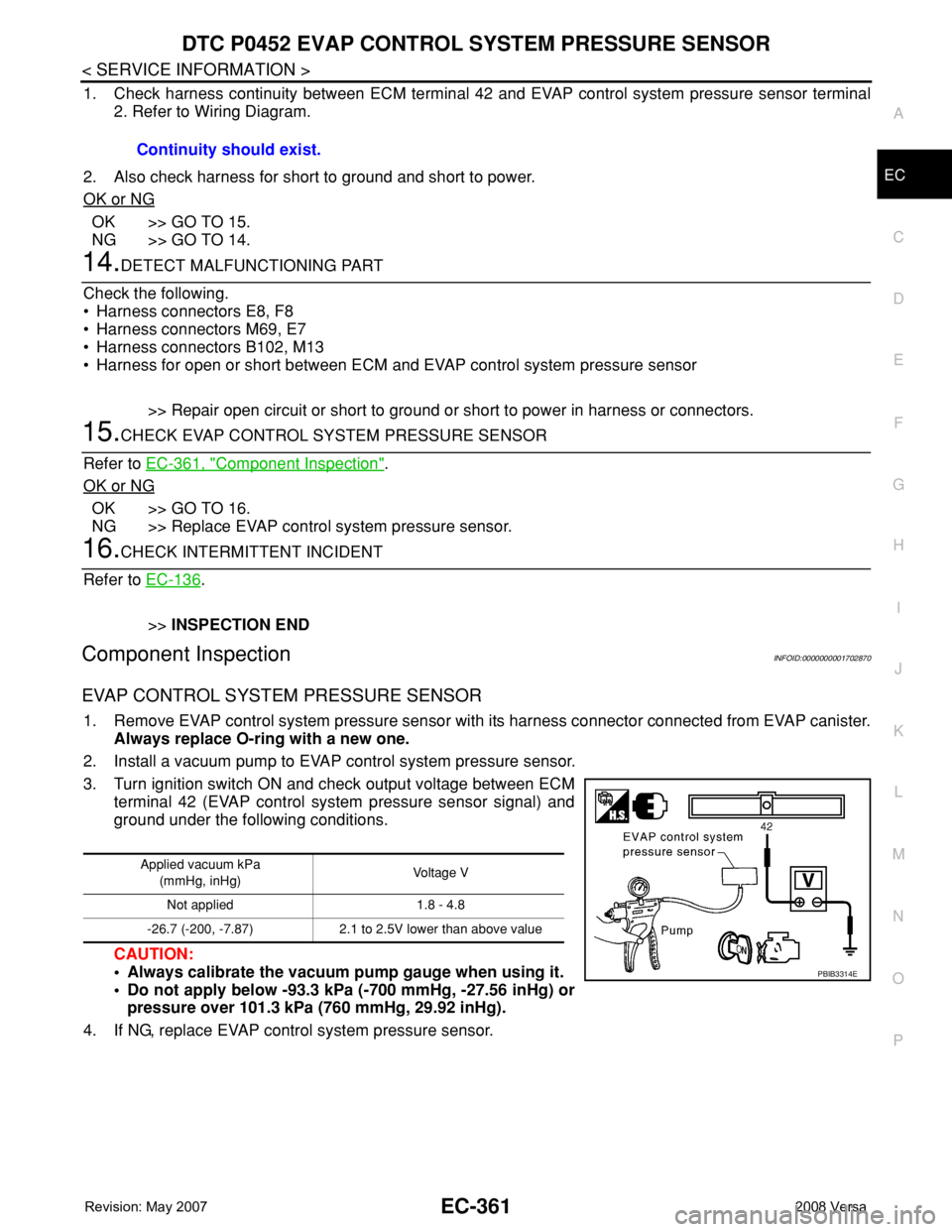 NISSAN TIIDA 2008 Service Repair Manual DTC P0452 EVAP CONTROL SYSTEM PRESSURE SENSOR
EC-361
< SERVICE INFORMATION >
C
D
E
F
G
H
I
J
K
L
MA
EC
N
P O
1. Check harness continuity between ECM terminal 42 and EVAP control system pressure sensor NISSAN TIIDA 2008 Service Repair Manual DTC P0452 EVAP CONTROL SYSTEM PRESSURE SENSOR
EC-361
< SERVICE INFORMATION >
C
D
E
F
G
H
I
J
K
L
MA
EC
N
P O
1. Check harness continuity between ECM terminal 42 and EVAP control system pressure sensor