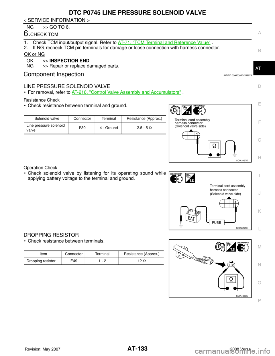 NISSAN TIIDA 2008  Service Repair Manual DTC P0745 LINE PRESSURE SOLENOID VALVE
AT-133
< SERVICE INFORMATION >
D
E
F
G
H
I
J
K
L
MA
B
AT
N
O
P
NG >> GO TO 6.
6.CHECK TCM
1. Check TCM input/output signal. Refer to AT-71, "
TCM Terminal an
