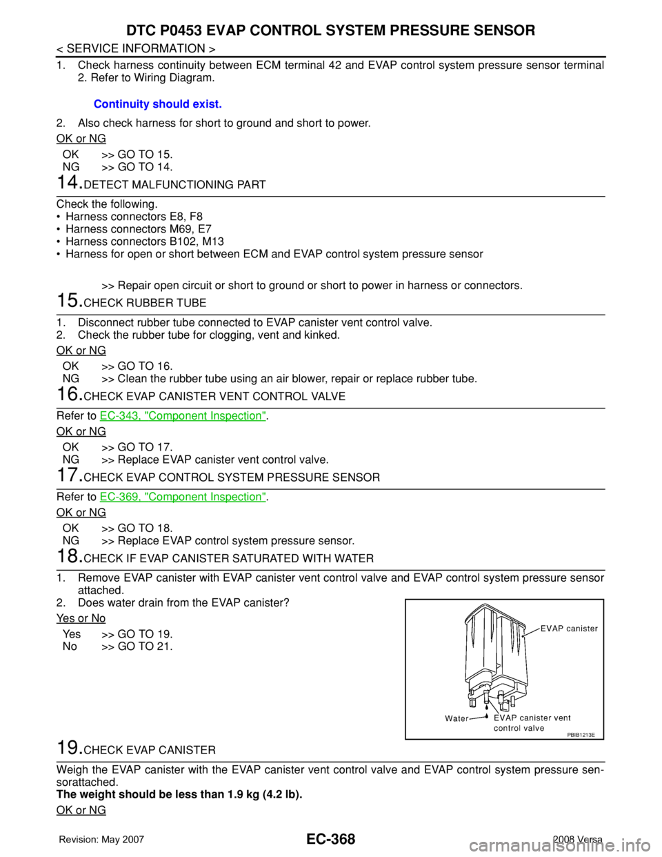 NISSAN TIIDA 2008 Service Repair Manual EC-368
< SERVICE INFORMATION >
DTC P0453 EVAP CONTROL SYSTEM PRESSURE SENSOR
1. Check harness continuity between ECM terminal 42 and EVAP control system pressure sensor terminal
2. Refer to Wiring Dia NISSAN TIIDA 2008 Service Repair Manual EC-368
< SERVICE INFORMATION >
DTC P0453 EVAP CONTROL SYSTEM PRESSURE SENSOR
1. Check harness continuity between ECM terminal 42 and EVAP control system pressure sensor terminal
2. Refer to Wiring Dia