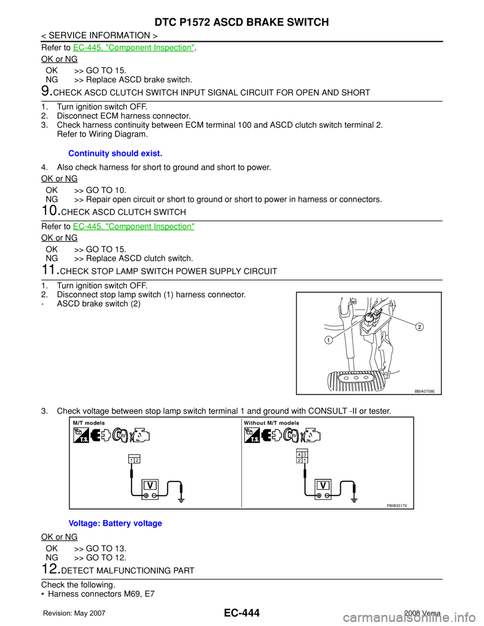 NISSAN TIIDA 2008  Service Repair Manual EC-444
< SERVICE INFORMATION >
DTC P1572 ASCD BRAKE SWITCH
Refer to EC-445, "Component Inspection". 
OK or NG
OK >> GO TO 15.
NG >> Replace ASCD brake switch.
9.CHECK ASCD CLUTCH SWITCH INPUT 