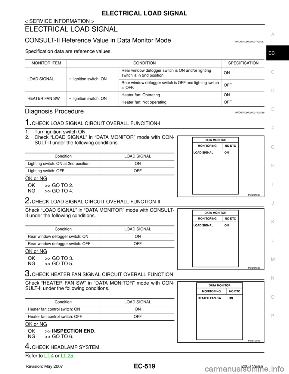 NISSAN TIIDA 2008 Service Repair Manual ELECTRICAL LOAD SIGNAL
EC-519
< SERVICE INFORMATION >
C
D
E
F
G
H
I
J
K
L
MA
EC
N
P O
ELECTRICAL LOAD SIGNAL
CONSULT-II Reference Value in Data Monitor ModeINFOID:0000000001703057
Specification data a NISSAN TIIDA 2008 Service Repair Manual ELECTRICAL LOAD SIGNAL
EC-519
< SERVICE INFORMATION >
C
D
E
F
G
H
I
J
K
L
MA
EC
N
P O
ELECTRICAL LOAD SIGNAL
CONSULT-II Reference Value in Data Monitor ModeINFOID:0000000001703057
Specification data a
