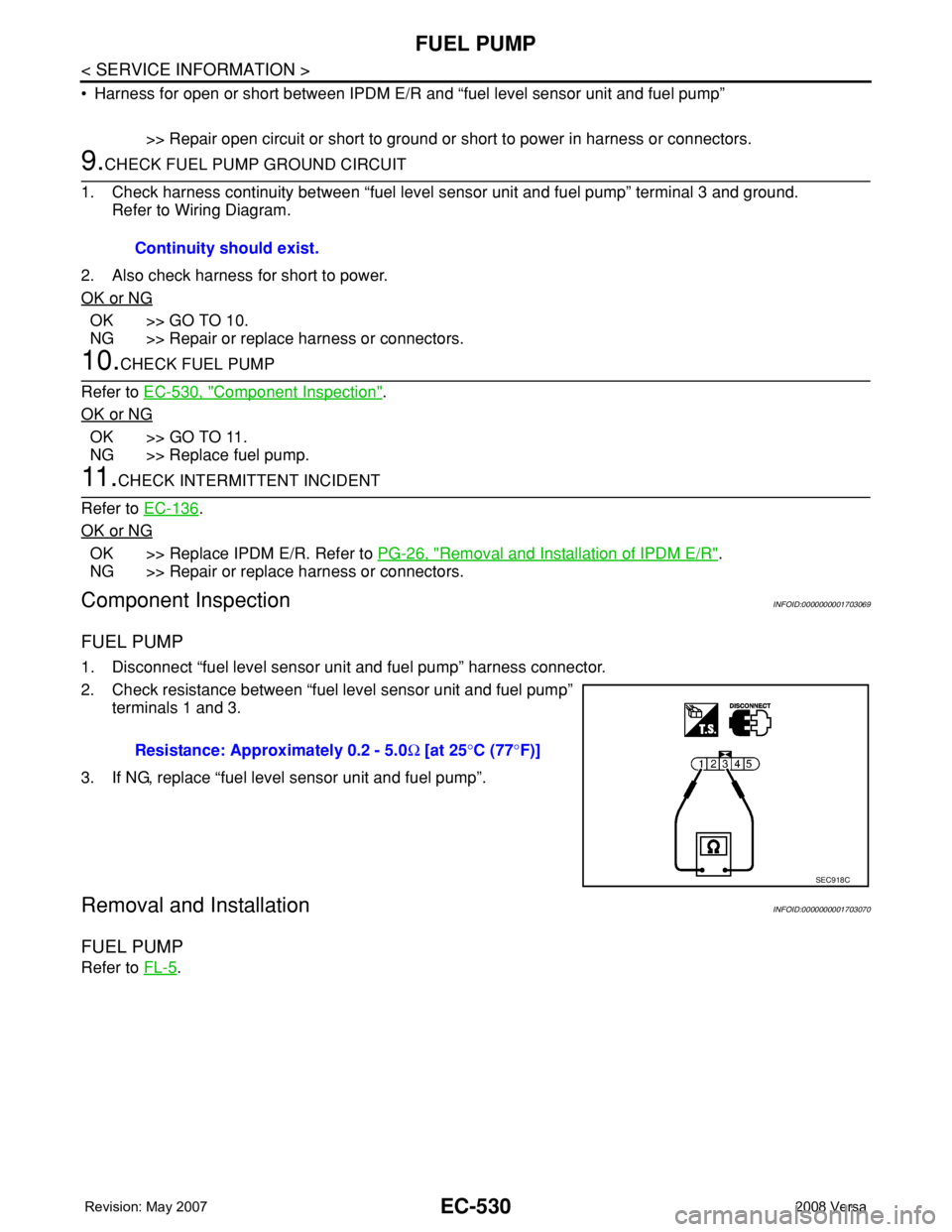 NISSAN TIIDA 2008 Service Repair Manual EC-530
< SERVICE INFORMATION >
FUEL PUMP
• Harness for open or short between IPDM E/R and “fuel level sensor unit and fuel pump”
>> Repair open circuit or short to ground or short to power in ha NISSAN TIIDA 2008 Service Repair Manual EC-530
< SERVICE INFORMATION >
FUEL PUMP
• Harness for open or short between IPDM E/R and “fuel level sensor unit and fuel pump”
>> Repair open circuit or short to ground or short to power in ha