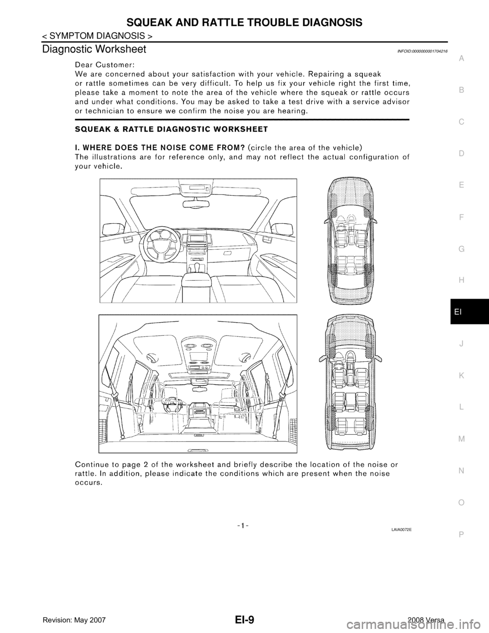 NISSAN TIIDA 2008  Service Repair Manual SQUEAK AND RATTLE TROUBLE DIAGNOSIS
EI-9
< SYMPTOM DIAGNOSIS >
C
D
E
F
G
H
J
K
L
MA
B
EI
N
O
P
Diagnostic WorksheetINFOID:0000000001704216
LAIA0072E 
