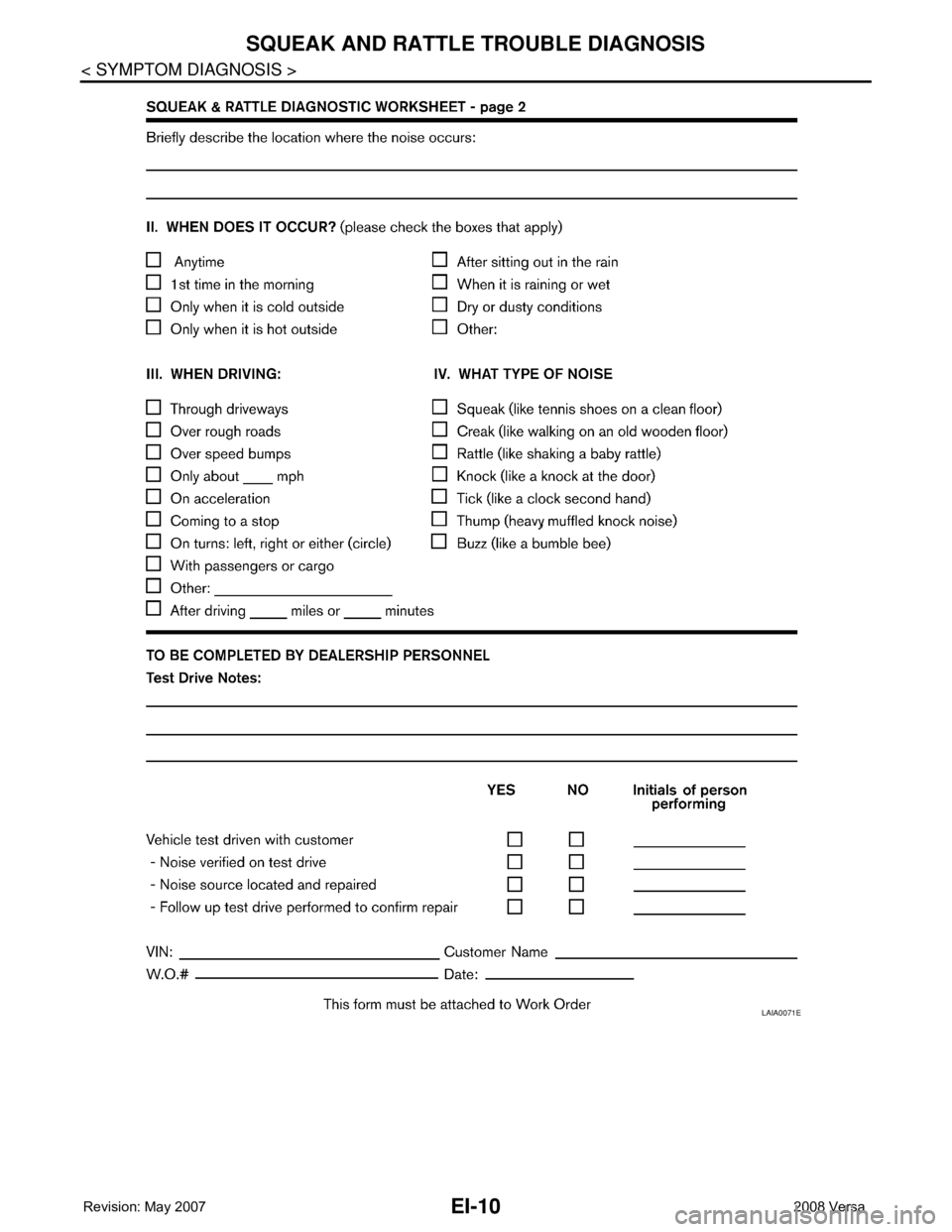 NISSAN TIIDA 2008  Service Repair Manual EI-10
< SYMPTOM DIAGNOSIS >
SQUEAK AND RATTLE TROUBLE DIAGNOSIS
LAIA0071E 