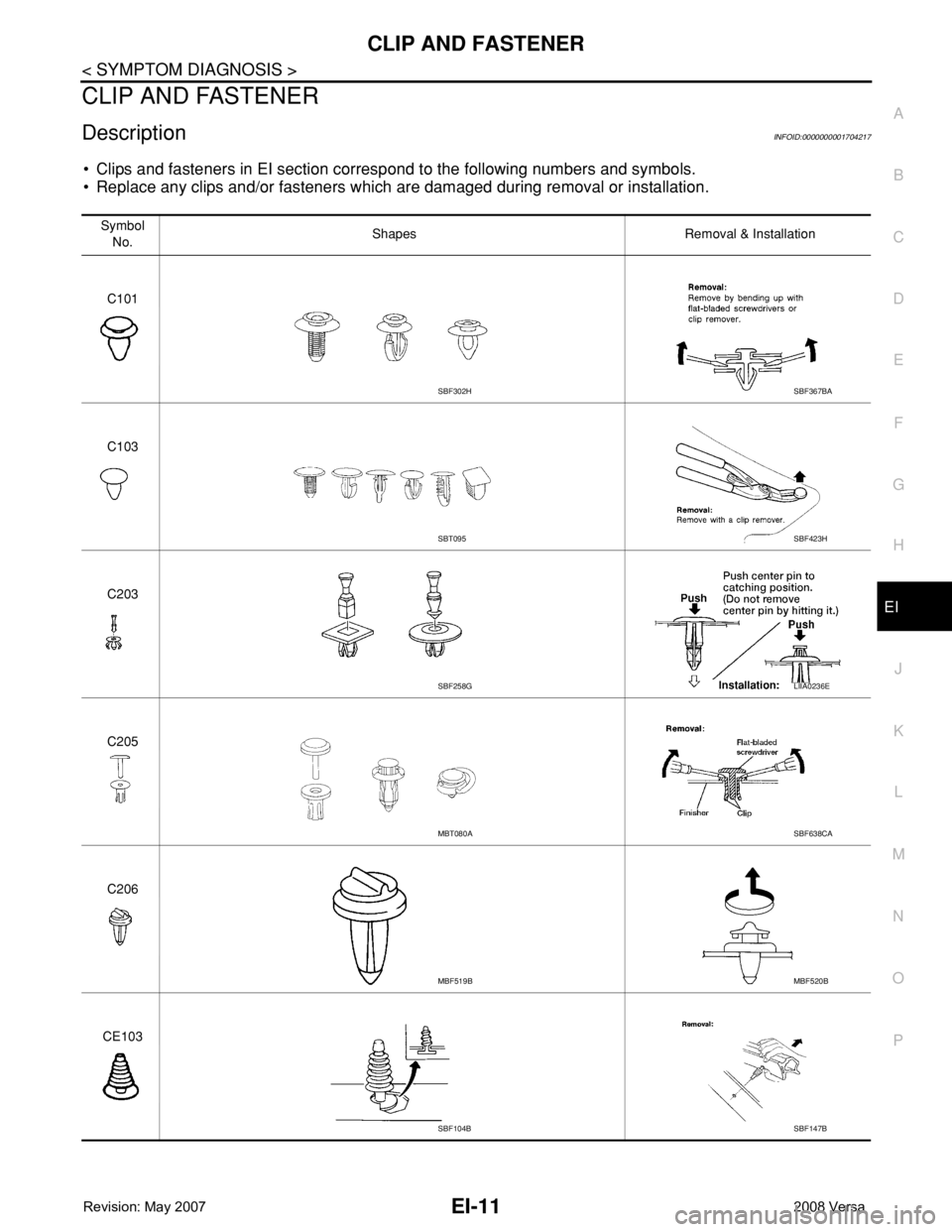 NISSAN TIIDA 2008  Service Repair Manual CLIP AND FASTENER
EI-11
< SYMPTOM DIAGNOSIS >
C
D
E
F
G
H
J
K
L
MA
B
EI
N
O
P
CLIP AND FASTENER
DescriptionINFOID:0000000001704217
• Clips and fasteners in EI section correspond to the following num