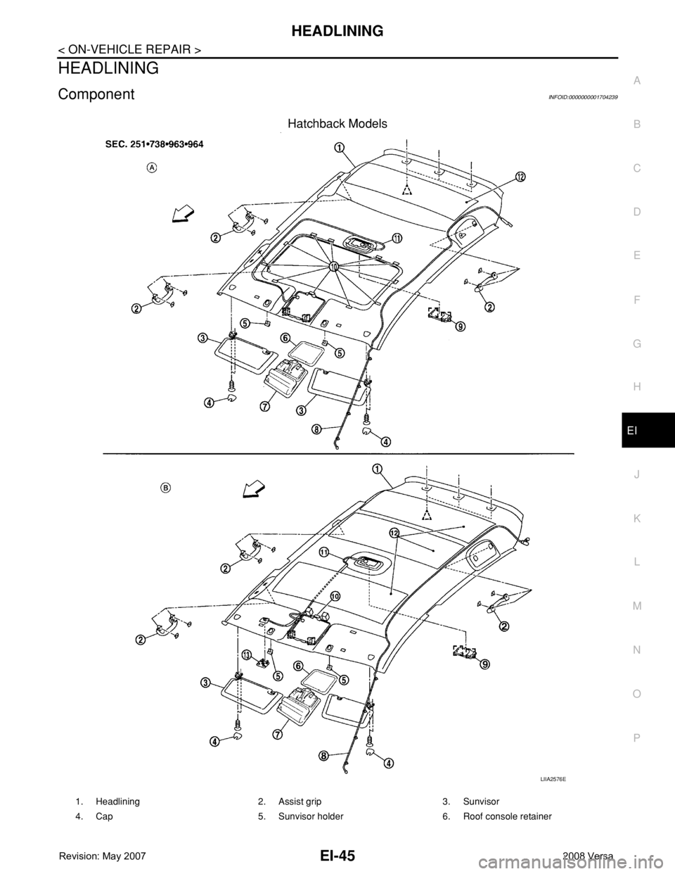 NISSAN TIIDA 2008  Service Repair Manual HEADLINING
EI-45
< ON-VEHICLE REPAIR >
C
D
E
F
G
H
J
K
L
MA
B
EI
N
O
P
HEADLINING
ComponentINFOID:0000000001704239
Hatchback Models
LIIA2576E
1. Headlining 2. Assist grip 3. Sunvisor
4. Cap 5. Sunviso