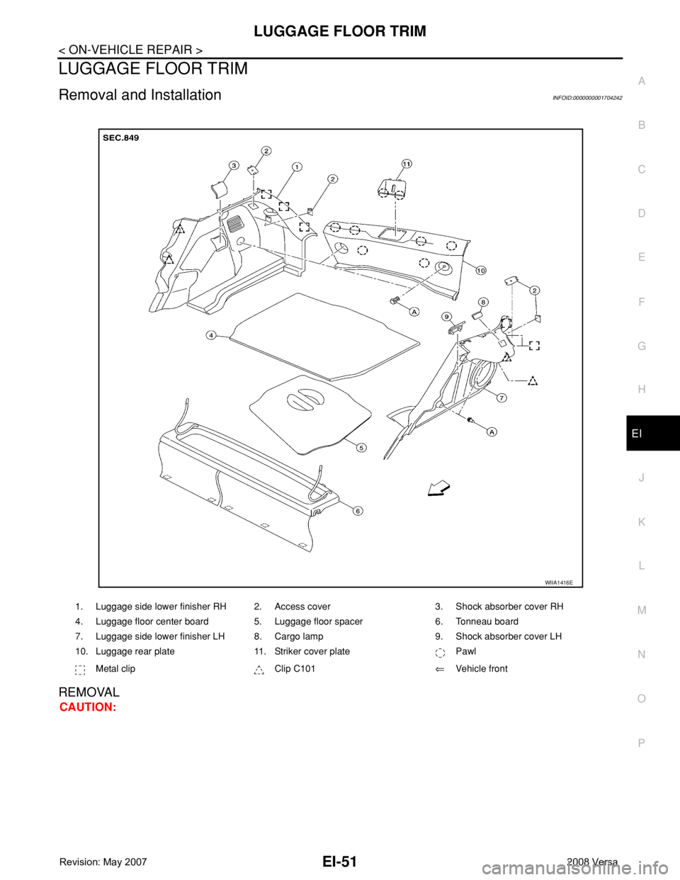 NISSAN TIIDA 2008 Service Repair Manual LUGGAGE FLOOR TRIM
EI-51
< ON-VEHICLE REPAIR >
C
D
E
F
G
H
J
K
L
MA
B
EI
N
O
P
LUGGAGE FLOOR TRIM
Removal and InstallationINFOID:0000000001704242
REMOVAL
CAUTION:
1. Luggage side lower finisher RH 2. NISSAN TIIDA 2008 Service Repair Manual LUGGAGE FLOOR TRIM
EI-51
< ON-VEHICLE REPAIR >
C
D
E
F
G
H
J
K
L
MA
B
EI
N
O
P
LUGGAGE FLOOR TRIM
Removal and InstallationINFOID:0000000001704242
REMOVAL
CAUTION:
1. Luggage side lower finisher RH 2.