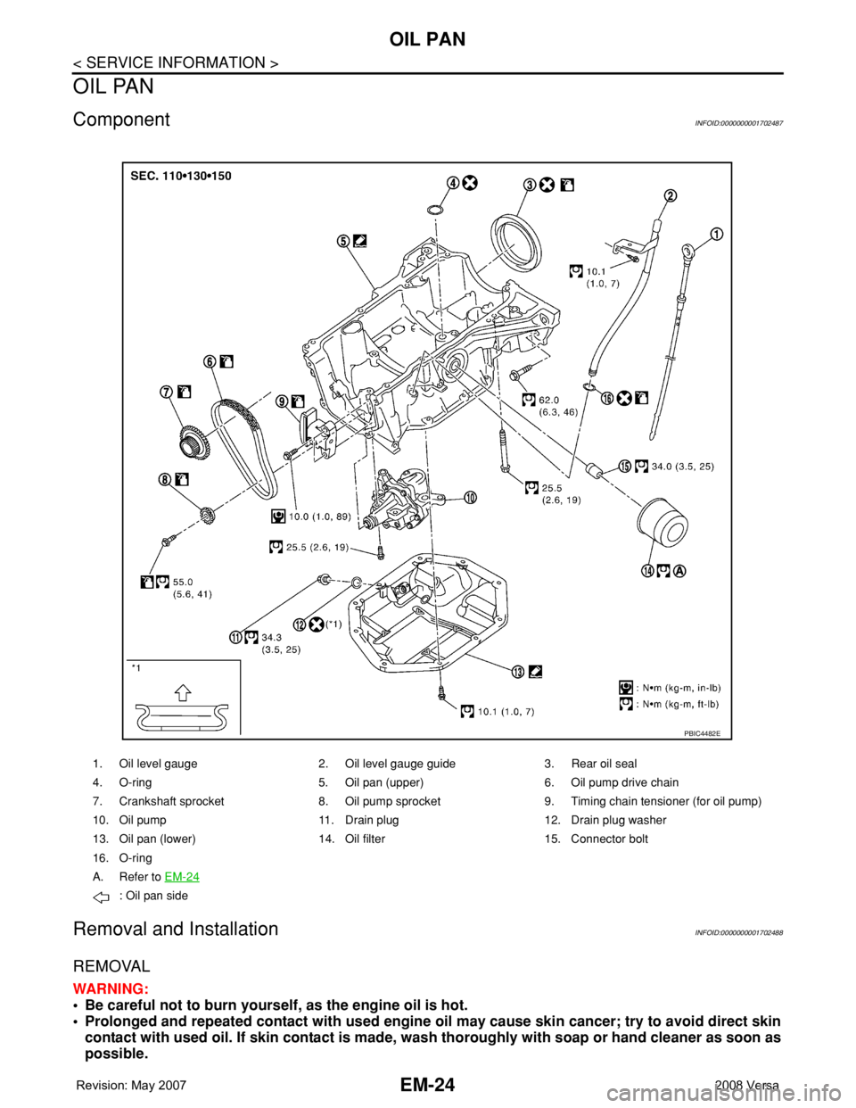 NISSAN TIIDA 2008  Service Repair Manual EM-24
< SERVICE INFORMATION >
OIL PAN
OIL PAN
ComponentINFOID:0000000001702487
Removal and InstallationINFOID:0000000001702488
REMOVAL
WARNING:
• Be careful not to burn yourself, as the engine oil i