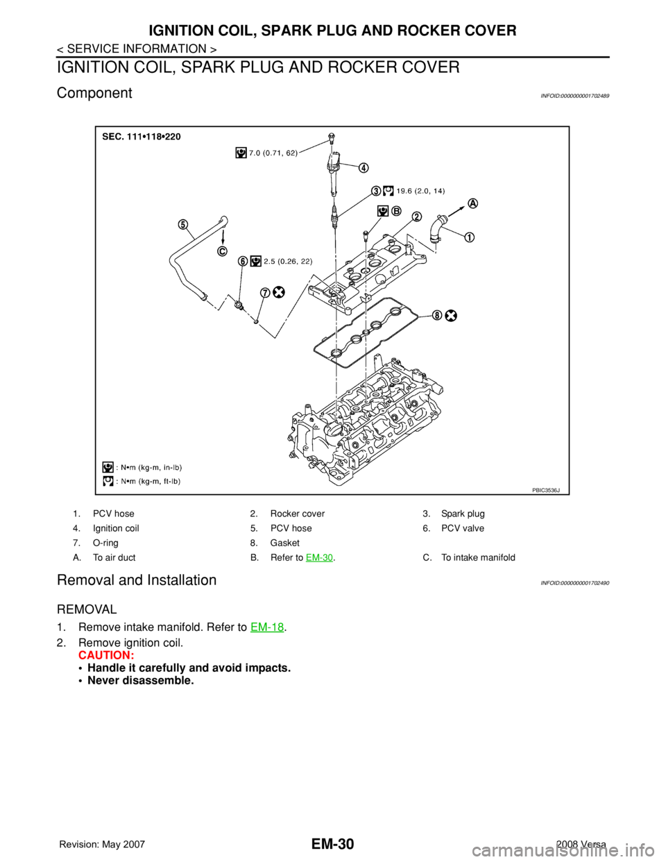 NISSAN TIIDA 2008  Service Repair Manual EM-30
< SERVICE INFORMATION >
IGNITION COIL, SPARK PLUG AND ROCKER COVER
IGNITION COIL, SPARK PLUG AND ROCKER COVER
ComponentINFOID:0000000001702489
Removal and InstallationINFOID:0000000001702490
REM