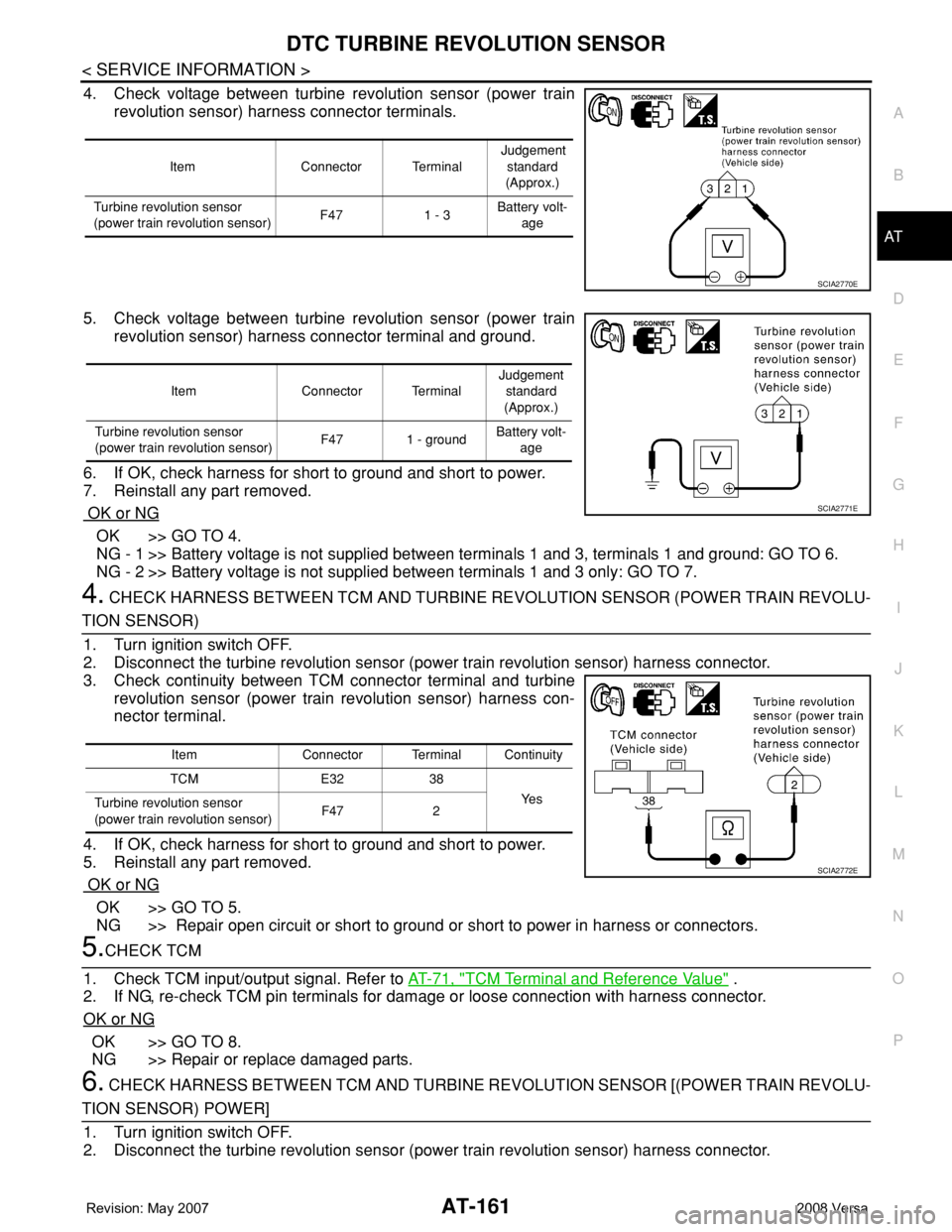 NISSAN TIIDA 2008  Service Repair Manual DTC TURBINE REVOLUTION SENSOR
AT-161
< SERVICE INFORMATION >
D
E
F
G
H
I
J
K
L
MA
B
AT
N
O
P
4. Check voltage between turbine revolution sensor (power train
revolution sensor) harness connector termin