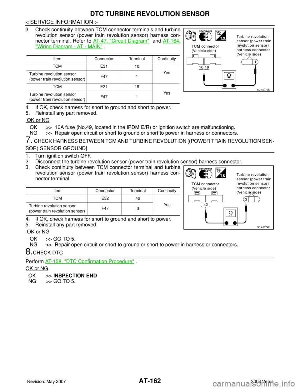 NISSAN TIIDA 2008  Service Repair Manual AT-162
< SERVICE INFORMATION >
DTC TURBINE REVOLUTION SENSOR
3. Check continuity between TCM connector terminals and turbine
revolution sensor (power train revolution sensor) harness con-
nector termi