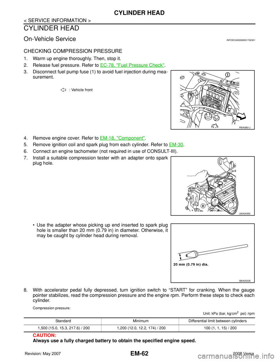 NISSAN TIIDA 2008 Service Repair Manual EM-62
< SERVICE INFORMATION >
CYLINDER HEAD
CYLINDER HEAD
On-Vehicle ServiceINFOID:0000000001702501
CHECKING COMPRESSION PRESSURE
1. Warm up engine thoroughly. Then, stop it.
2. Release fuel pressure. NISSAN TIIDA 2008 Service Repair Manual EM-62
< SERVICE INFORMATION >
CYLINDER HEAD
CYLINDER HEAD
On-Vehicle ServiceINFOID:0000000001702501
CHECKING COMPRESSION PRESSURE
1. Warm up engine thoroughly. Then, stop it.
2. Release fuel pressure.