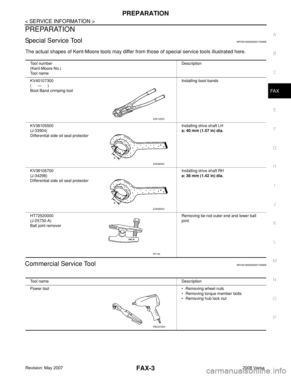 NISSAN TIIDA 2008  Service Repair Manual PREPARATION
FAX-3
< SERVICE INFORMATION >
C
E
F
G
H
I
J
K
L
MA
B
FA X
N
O
P
PREPARATION
Special Service ToolINFOID:0000000001703698
The actual shapes of Kent-Moore tools may differ from those of speci