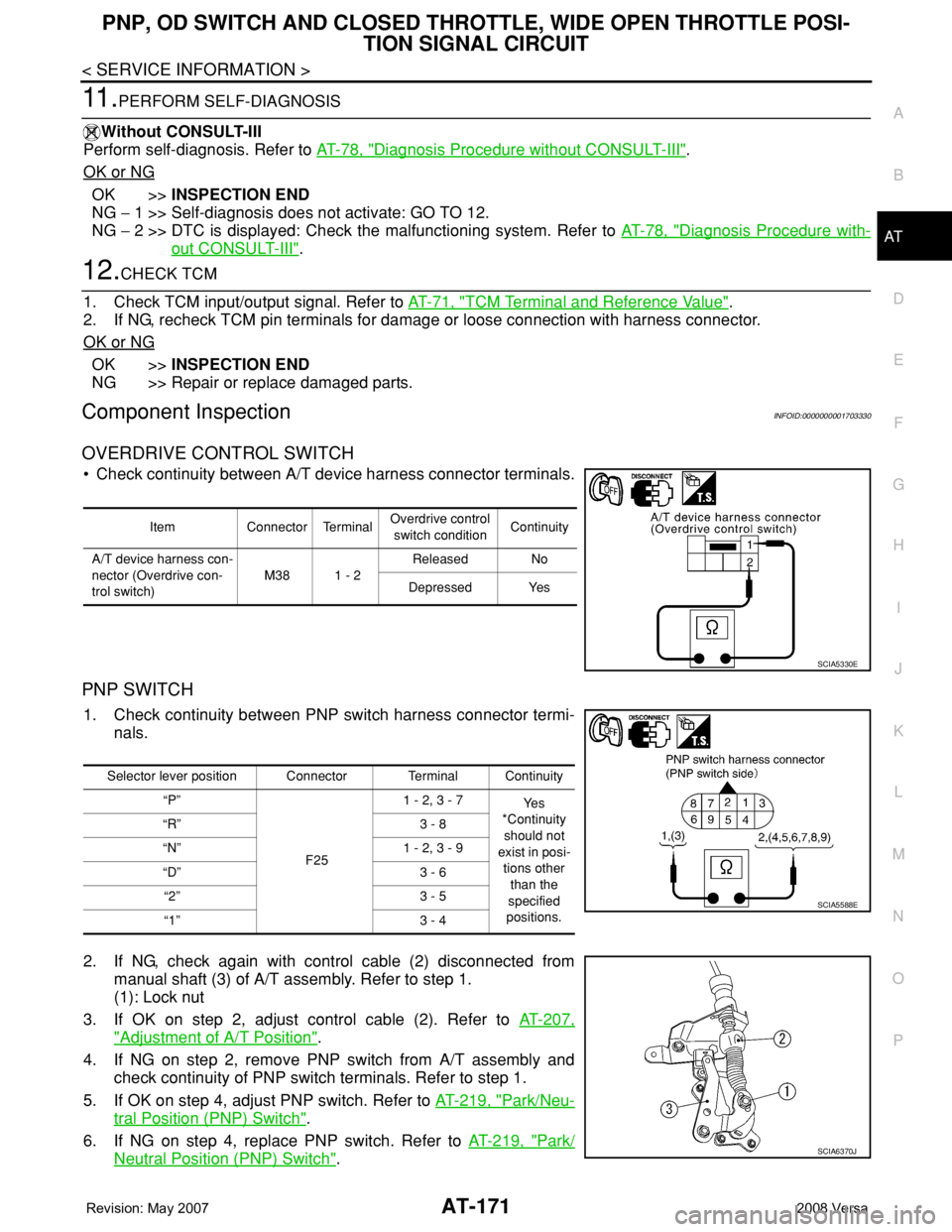 NISSAN TIIDA 2008  Service Repair Manual PNP, OD SWITCH AND CLOSED THROTTLE, WIDE OPEN THROTTLE POSI-
TION SIGNAL CIRCUIT
AT-171
< SERVICE INFORMATION >
D
E
F
G
H
I
J
K
L
MA
B
AT
N
O
P
11 .PERFORM SELF-DIAGNOSIS
Without CONSULT-III
Perform s
